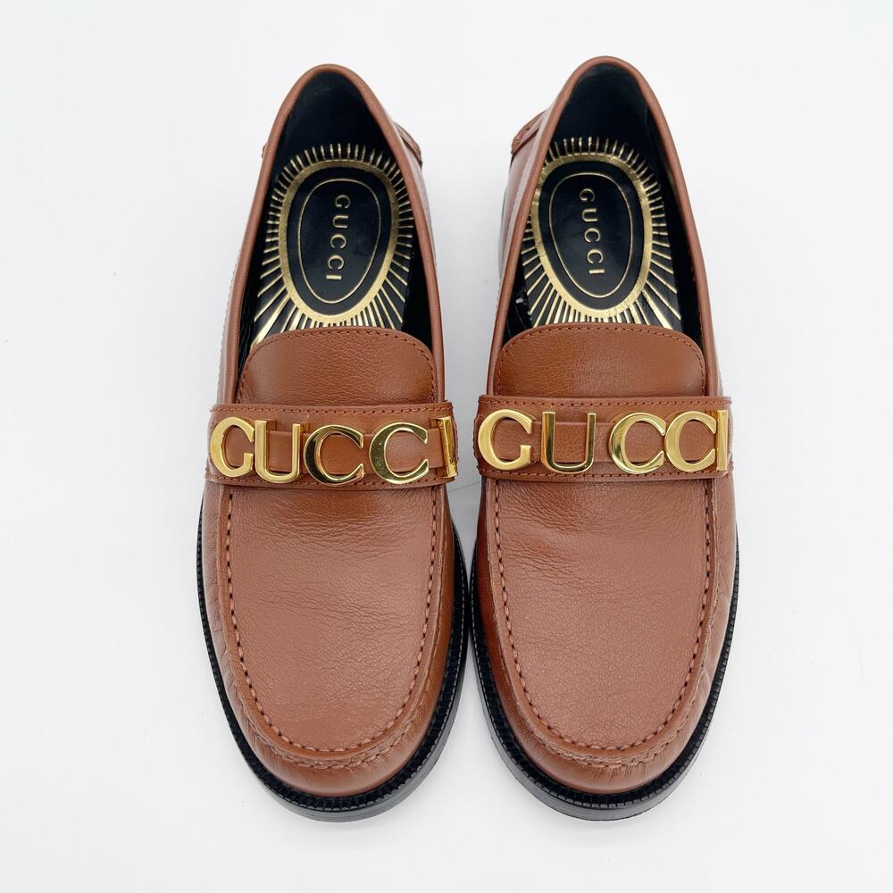 Gucci Cara Brown Pebbled Leather Gold Logo Hardware Loafers EU 38 - Picture 5 of 12